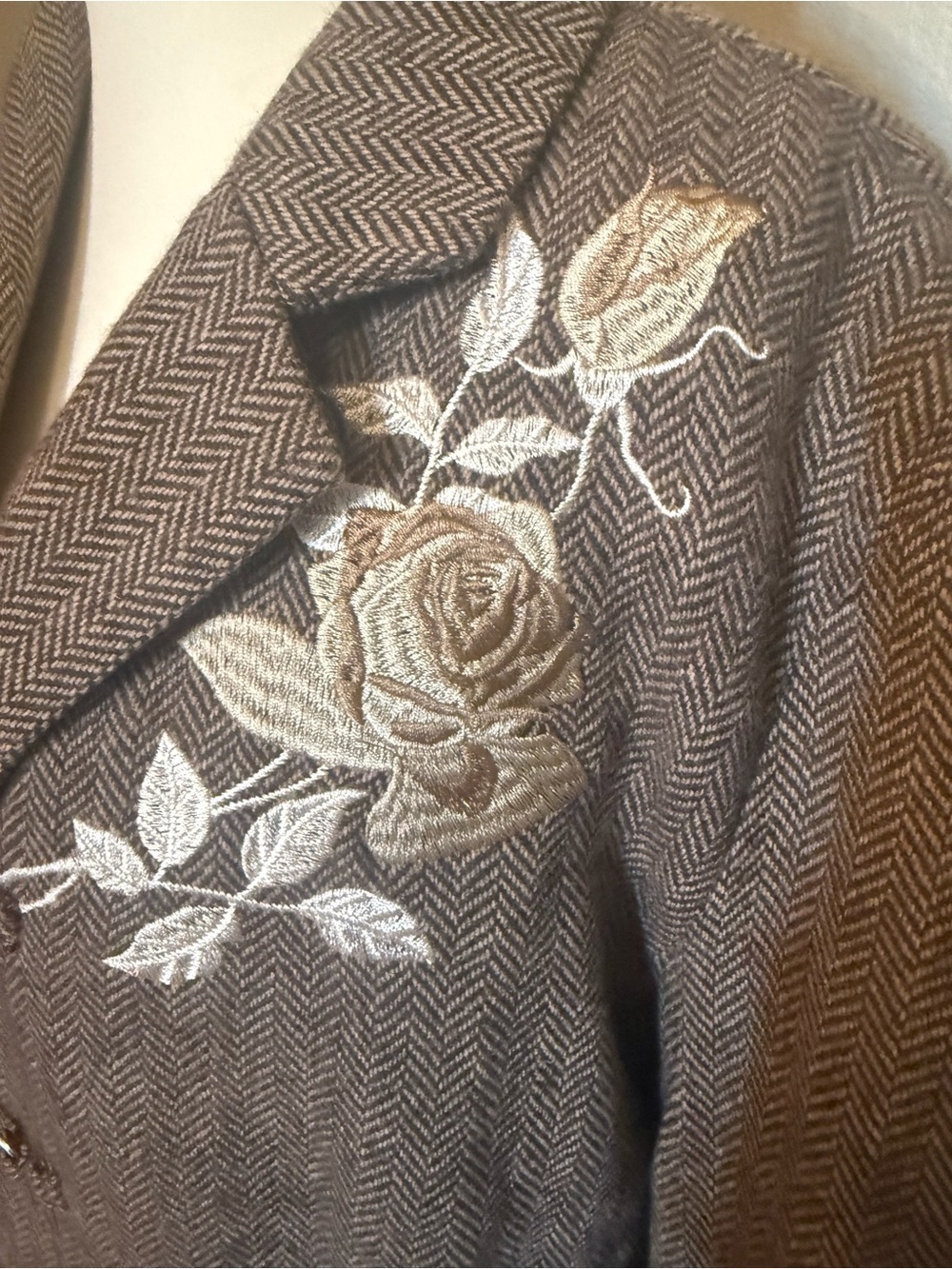 Brown Herringbone Embroidered Rose Blazer